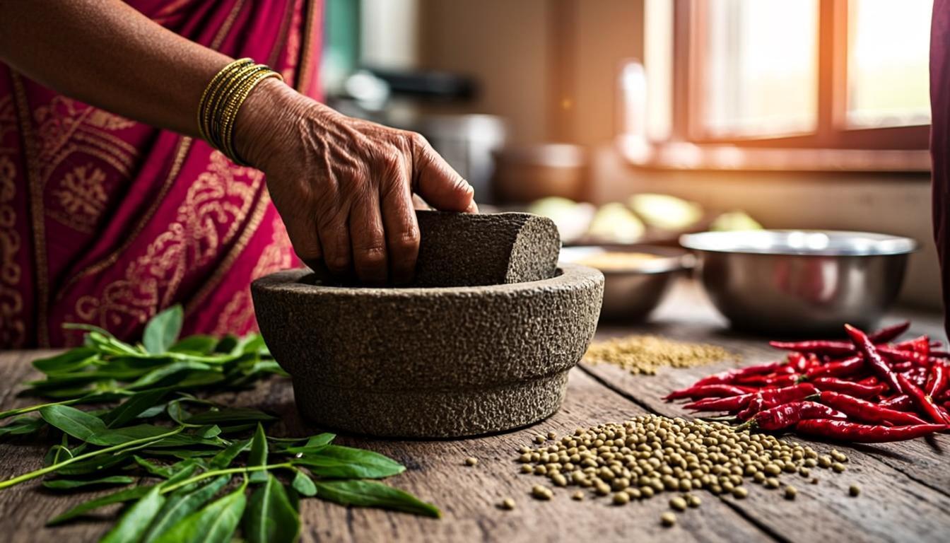 Hands grinding spices in a traditional stone mortar and pestle